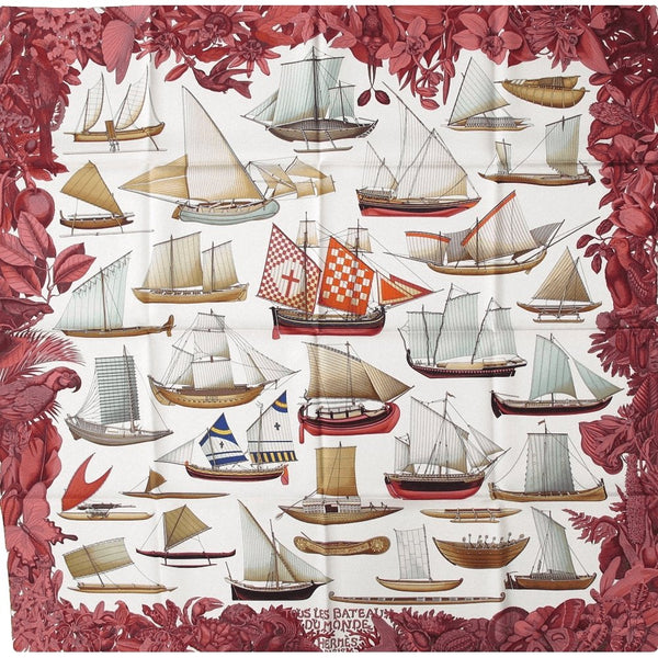 Hermes 2013 cw12 Ivory Bordeaux Tous les Bateaux du Monde by Aline Honore Twill 90cm, New! - poupishop