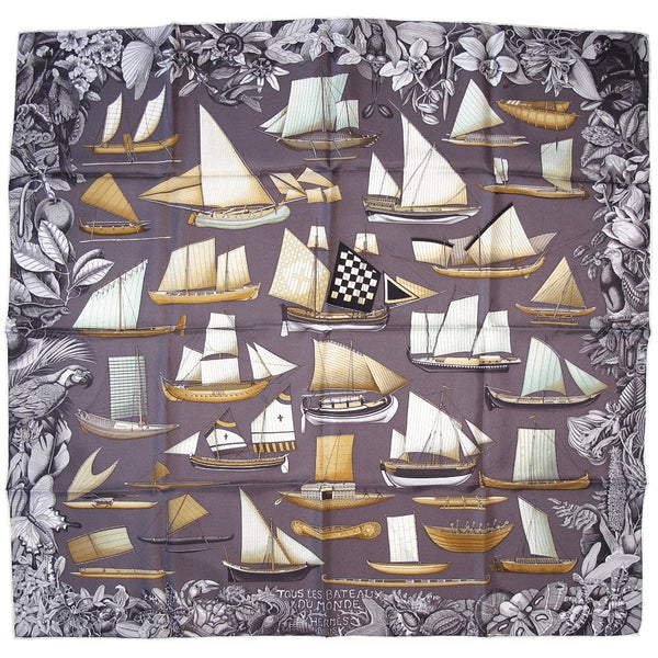 Hermes 2013 Etoupe Grey White Tous les Bateaux du Monde by Aline Honore Twill 90cm, New! - poupishop