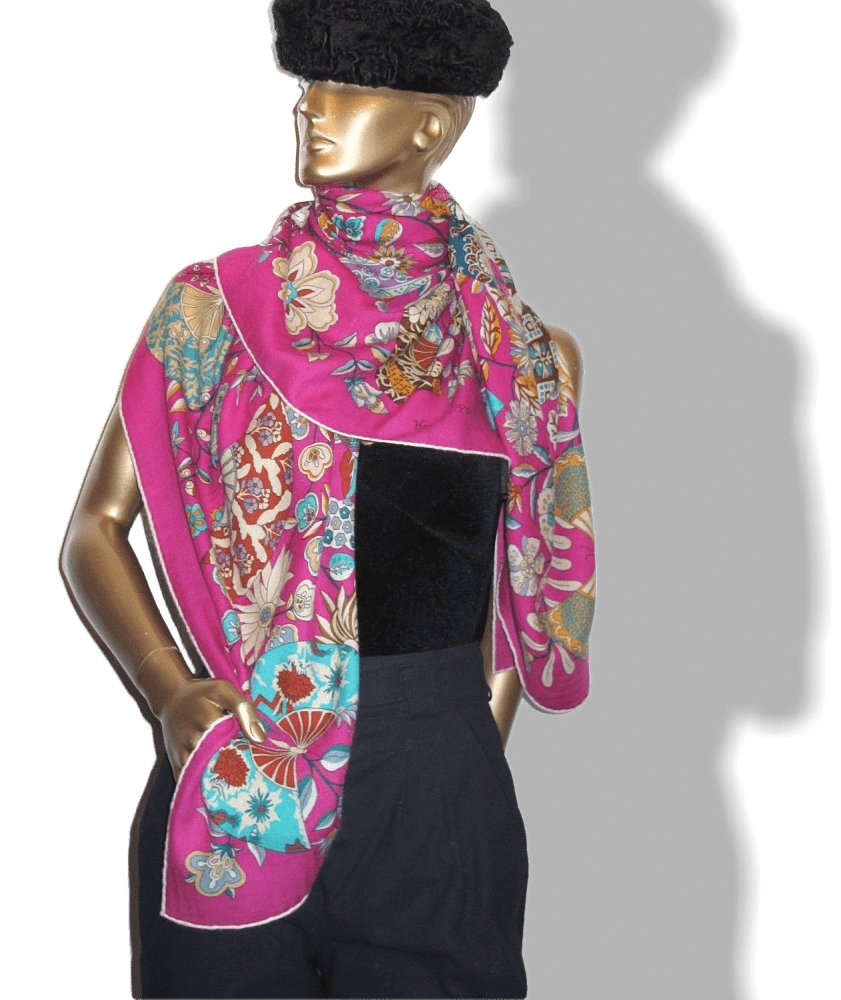 Hermes 2013 Fuchsia White Fleurs et Papillons de Tissus Cashmere Shawl 140 - poupishop