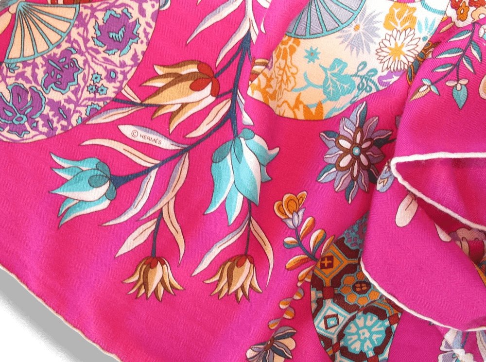 Hermes 2013 Fuchsia White Fleurs et Papillons de Tissus Cashmere Shawl 140 - poupishop