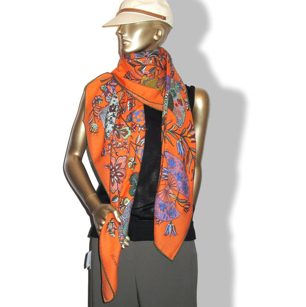 Hermes 2013 Orange/Bleu FLEURS ET PAPILLONS DE TISSUS Cashmere Shawl 140, Box! - poupishop