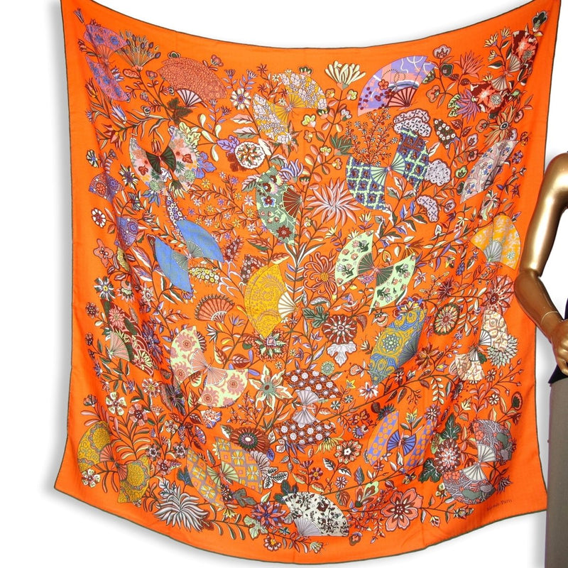 Hermes 2013 Orange/Bleu FLEURS ET PAPILLONS DE TISSUS Cashmere Shawl 140, Box! - poupishop