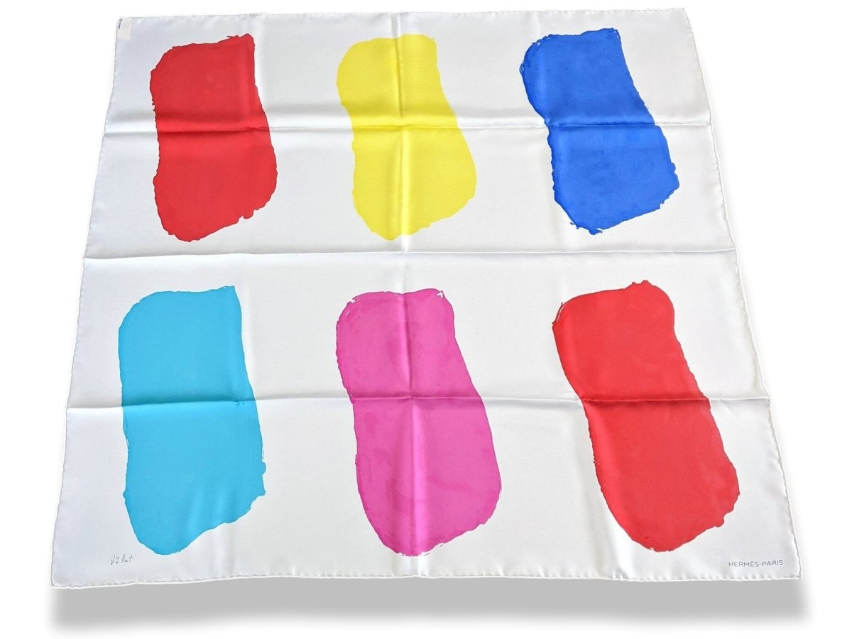 Hermes 2014 Blanc/Rouge/Mutlicolore Artist Carre by Claude Viallat Twill 90cm Scarf, NWT! - poupishop