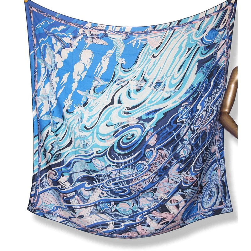 Hermes 2014 Blue Turquoise Pink De la Mer au Ciel by Toutsy Cashmere Shawl 140, New! - poupishop