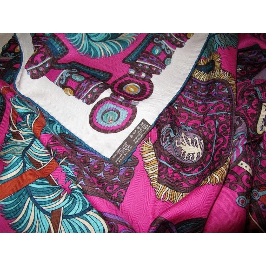 Hermes 2014 cw07 Rose vif/Canard/Prune Egide de Mars Cashmere Shawl 140, New! - poupishop