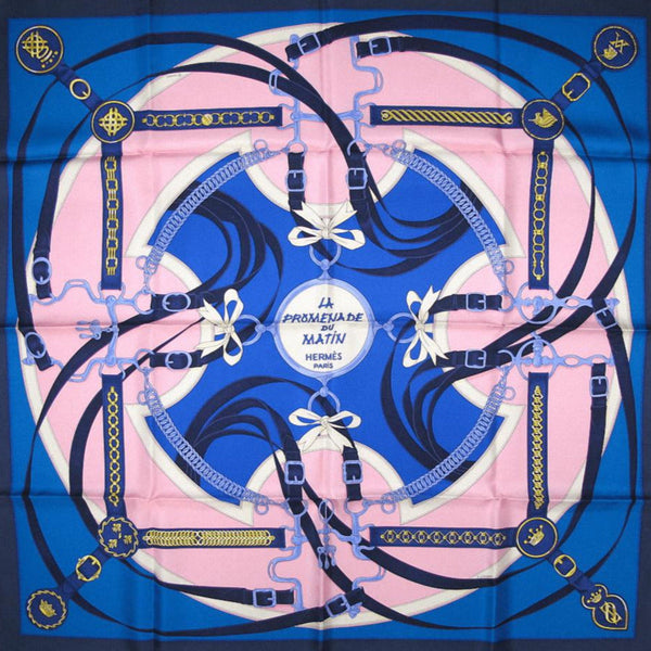 Hermes 2015 Blue Pink La Promenade du Matin Twill Silk Carre 90cm, New! - poupishop