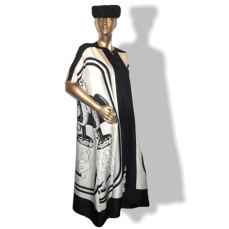 Hermes 2015 B/W Printed Brides de Gala Kaftan Long Twill Silk Dress Impressive and Rare! Hermes 2015 B/W Printed Brides de Gala Kaftan Long Twill Silk Dress Impressive and Rare!
