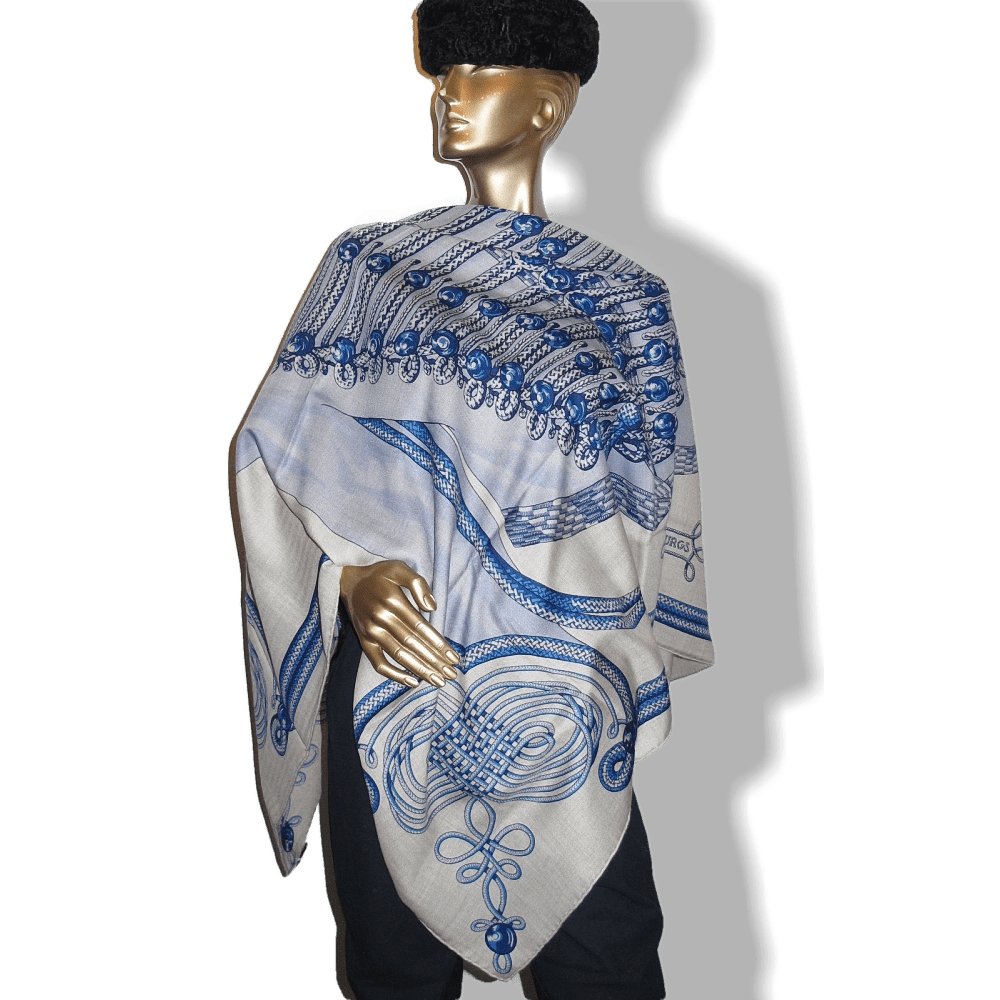Hermes 2015 Natural Blue Brandebourg Cashmere Shawl 140