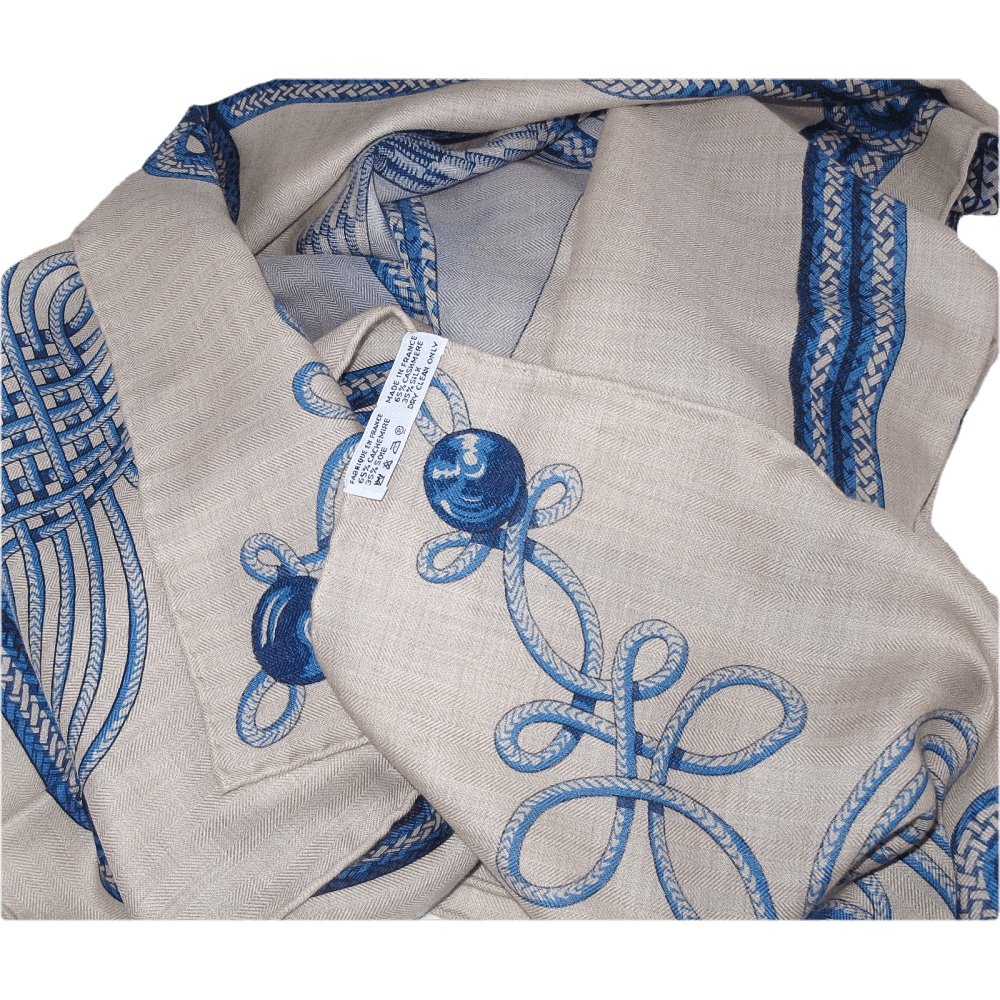 Hermes 2015 Natural Blue Brandebourg Cashmere Shawl 140