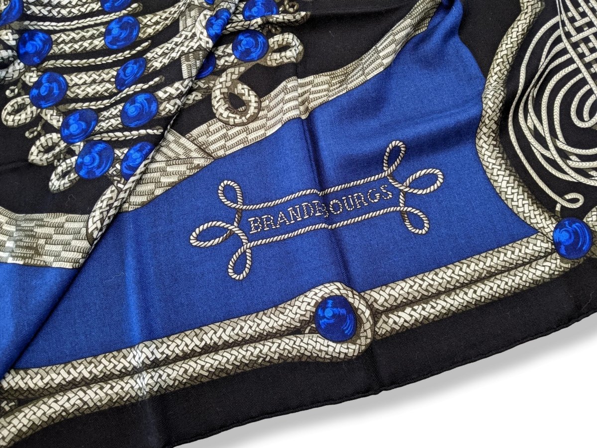 Hermes 2015 Noir/Bleu Brandebourg by Caty Latham Cashmere Shawl 140, New with Flaw!