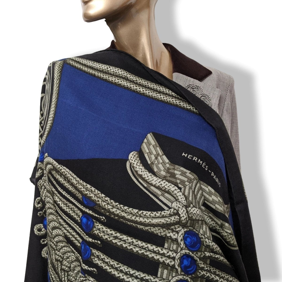 Hermes 2015 Noir/Bleu Brandebourg by Caty Latham Cashmere Shawl 140, New with Flaw!