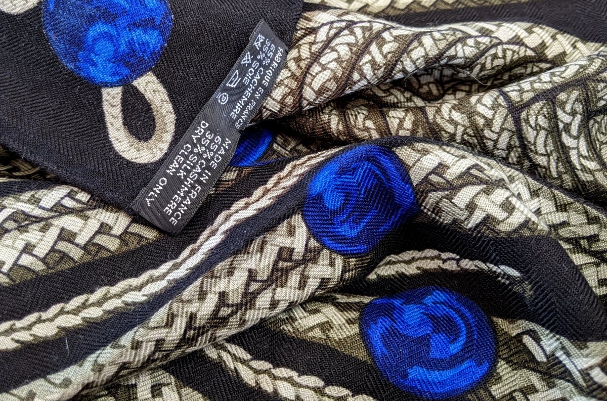 Hermes 2015 Noir/Bleu Brandebourg by Caty Latham Cashmere Shawl 140, New with Flaw!