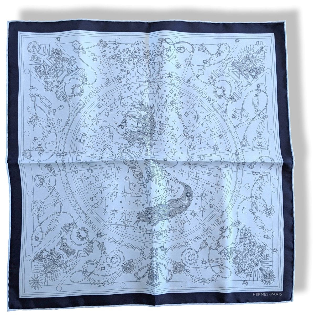 Hermes 2016 Ciel/Marine C'est la Fête by Daisuke Nomura Pocket Scarf Gavroche 42cm