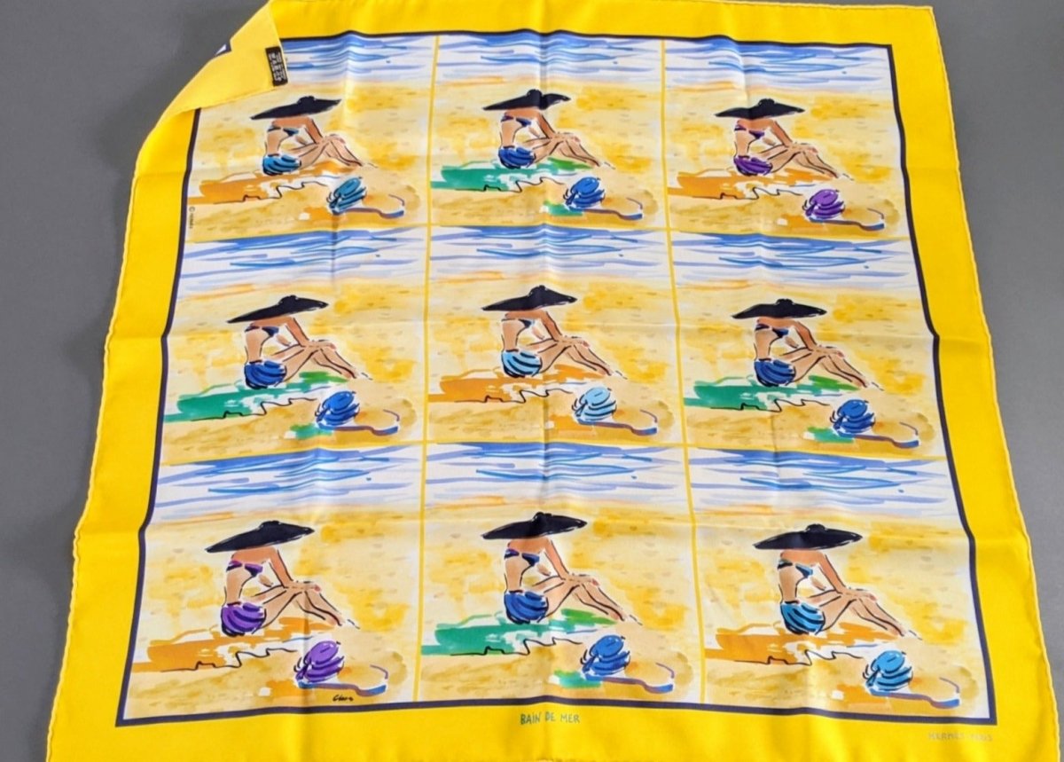 Hermes 2016 Jaune BAIN DE MER by Jean-Louis Clerc Vintage Silk 70 cm - poupishop