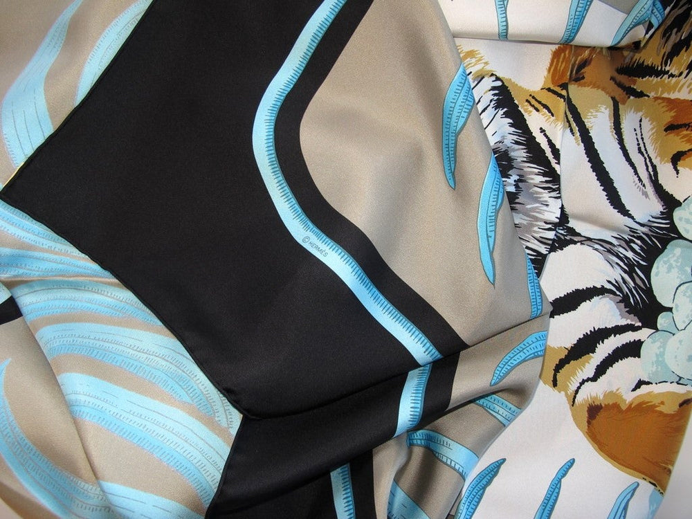 Hermes 2016 Noir/Argile/Turquoise TIGRE ROYAL Twill Silk 140 cm