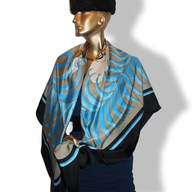 Hermes 2016 Noir/Argile/Turquoise TIGRE ROYAL Twill Silk 140 cm Grail, NWTIB!