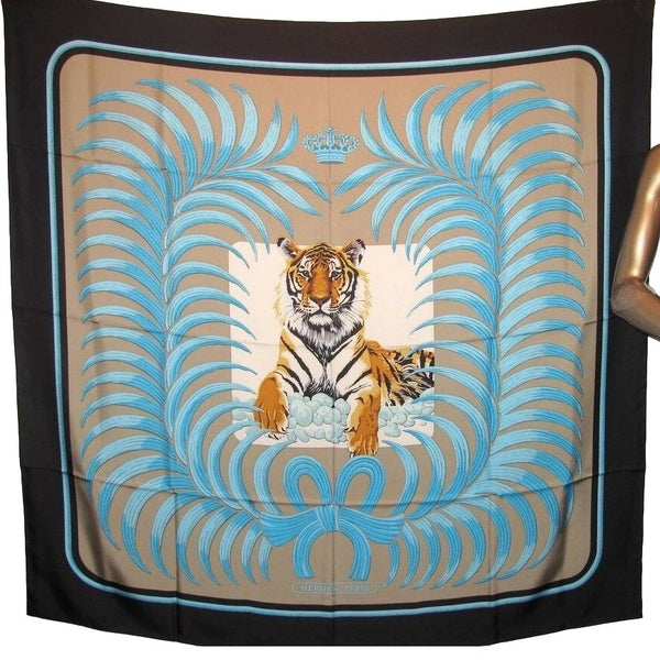 Hermes 2016 Noir/Argile/Turquoise TIGRE ROYAL Twill Silk 140 cm Grail, NWTIB!