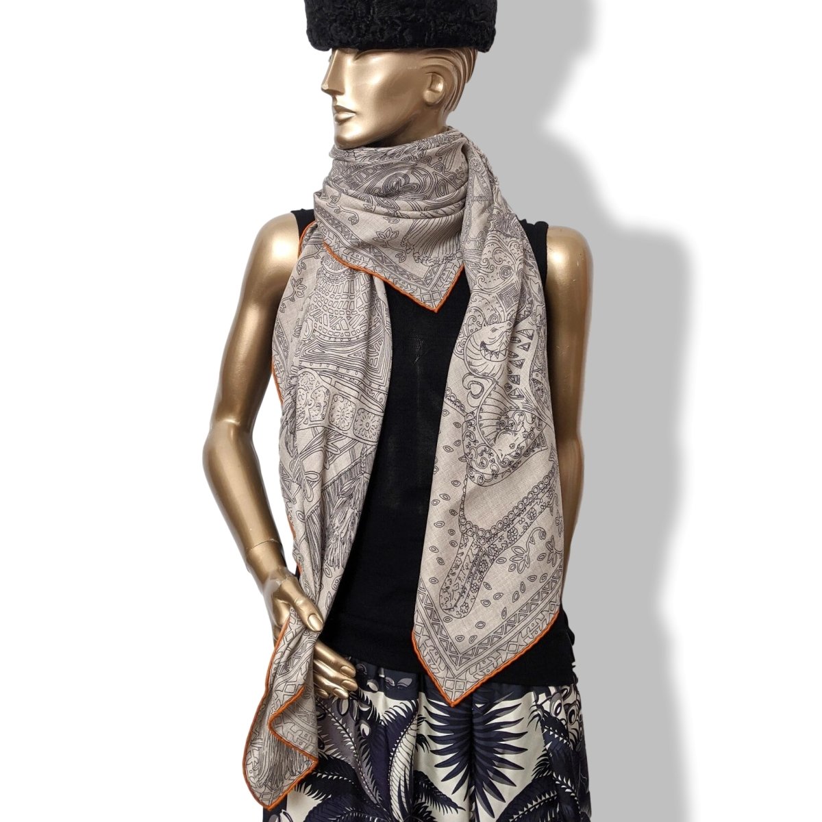 Hermes 2016 Orange/Naturel/Anthracite CAVALIERS DU CAUCASE by Annie Faivre Cashmere Shawl 140, New!