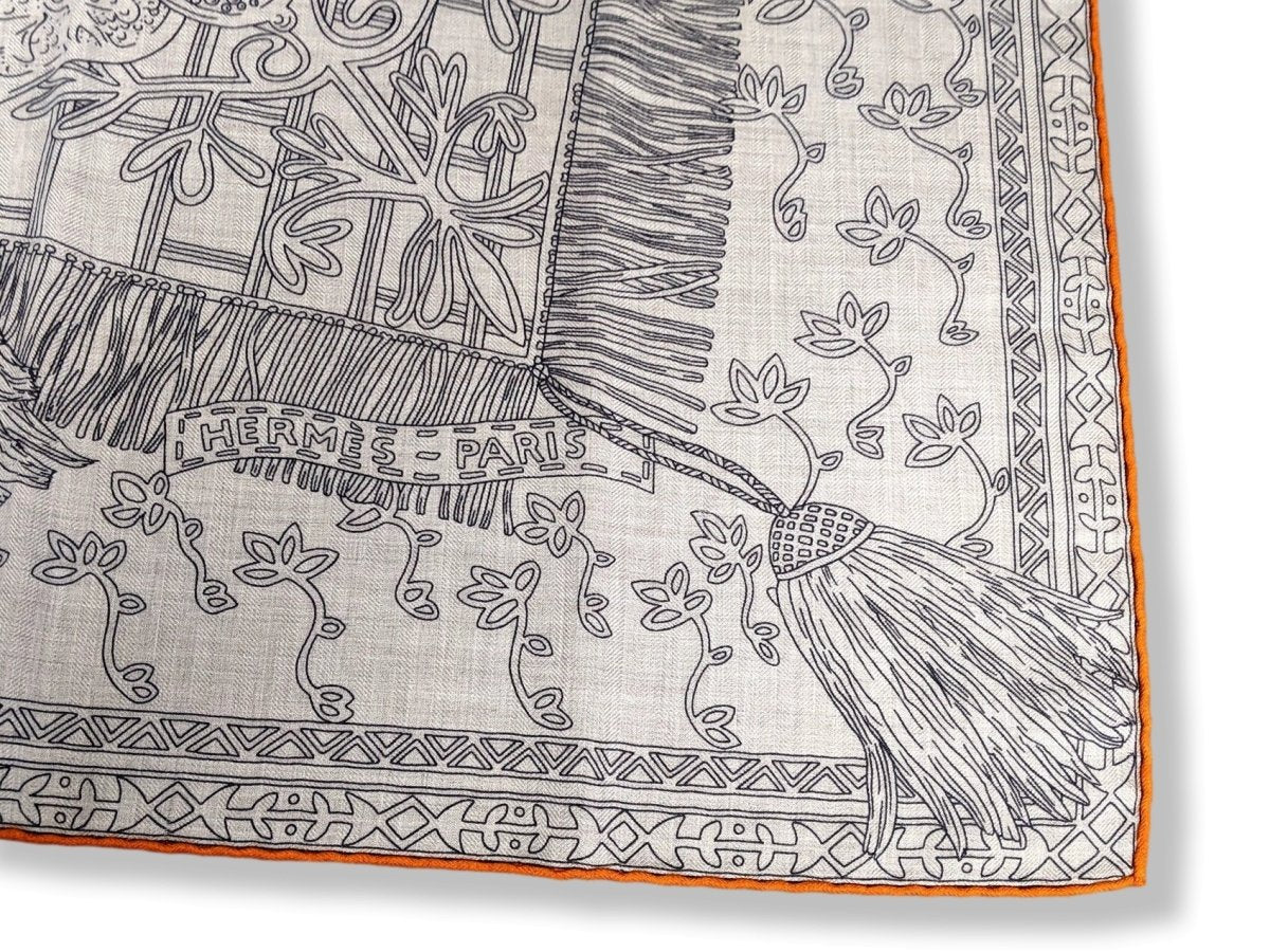 Hermes 2016 Orange/Naturel/Anthracite CAVALIERS DU CAUCASE by Annie Faivre Cashmere Shawl 140, New!