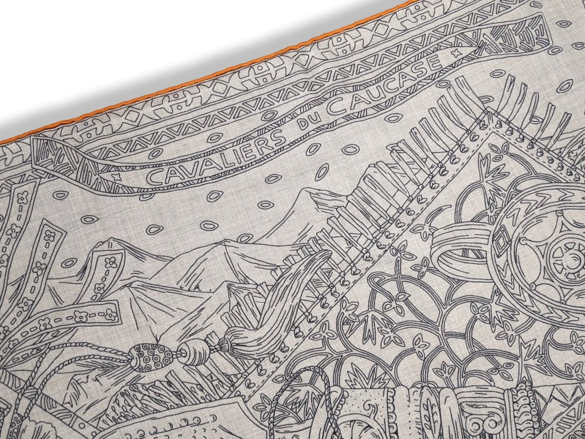 Hermes 2016 Orange/Naturel/Anthracite CAVALIERS DU CAUCASE by Annie Faivre Cashmere Shawl 140, New!