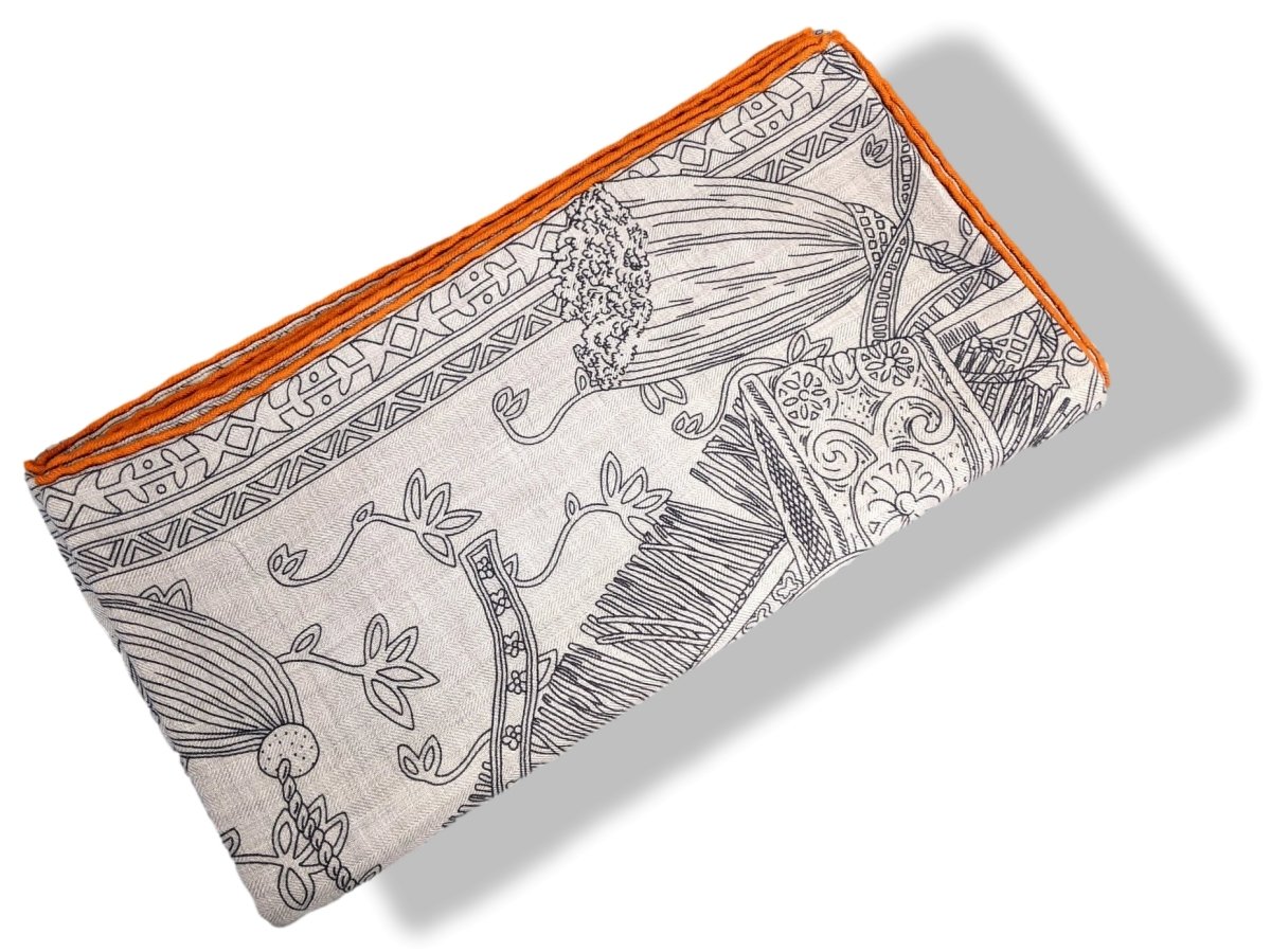 Hermes 2016 Orange/Naturel/Anthracite CAVALIERS DU CAUCASE by Annie Faivre Cashmere Shawl 140, New!