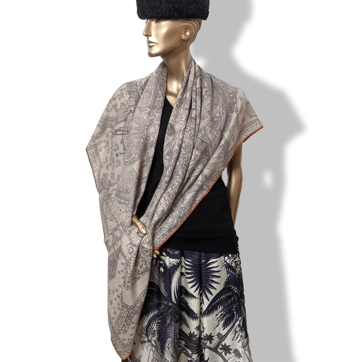 Hermes 2016 Orange/Naturel/Anthracite CAVALIERS DU CAUCASE by Annie Faivre Cashmere Shawl 140, New!