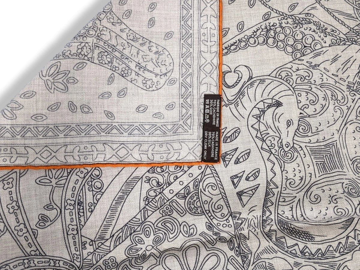 Hermes 2016 Orange/Naturel/Anthracite CAVALIERS DU CAUCASE by Annie Faivre Cashmere Shawl 140, New!