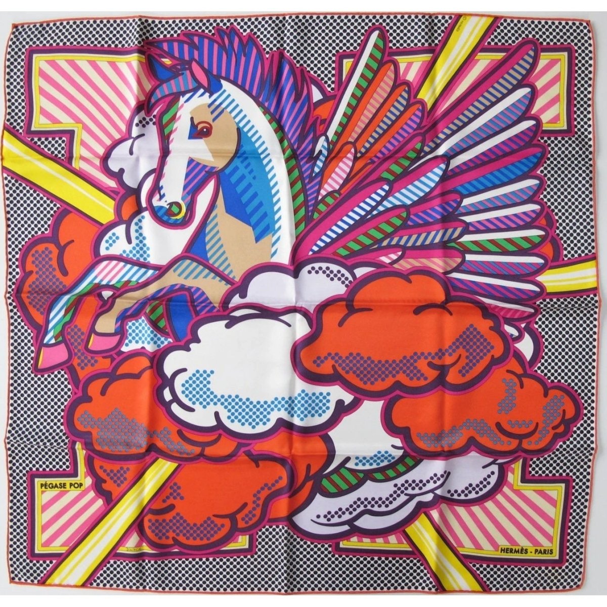 Hermes 2016 Red Blue Yellow Pegase Pop by Dimitri Rybaltchenko Vintage Silk 70cm - poupishop