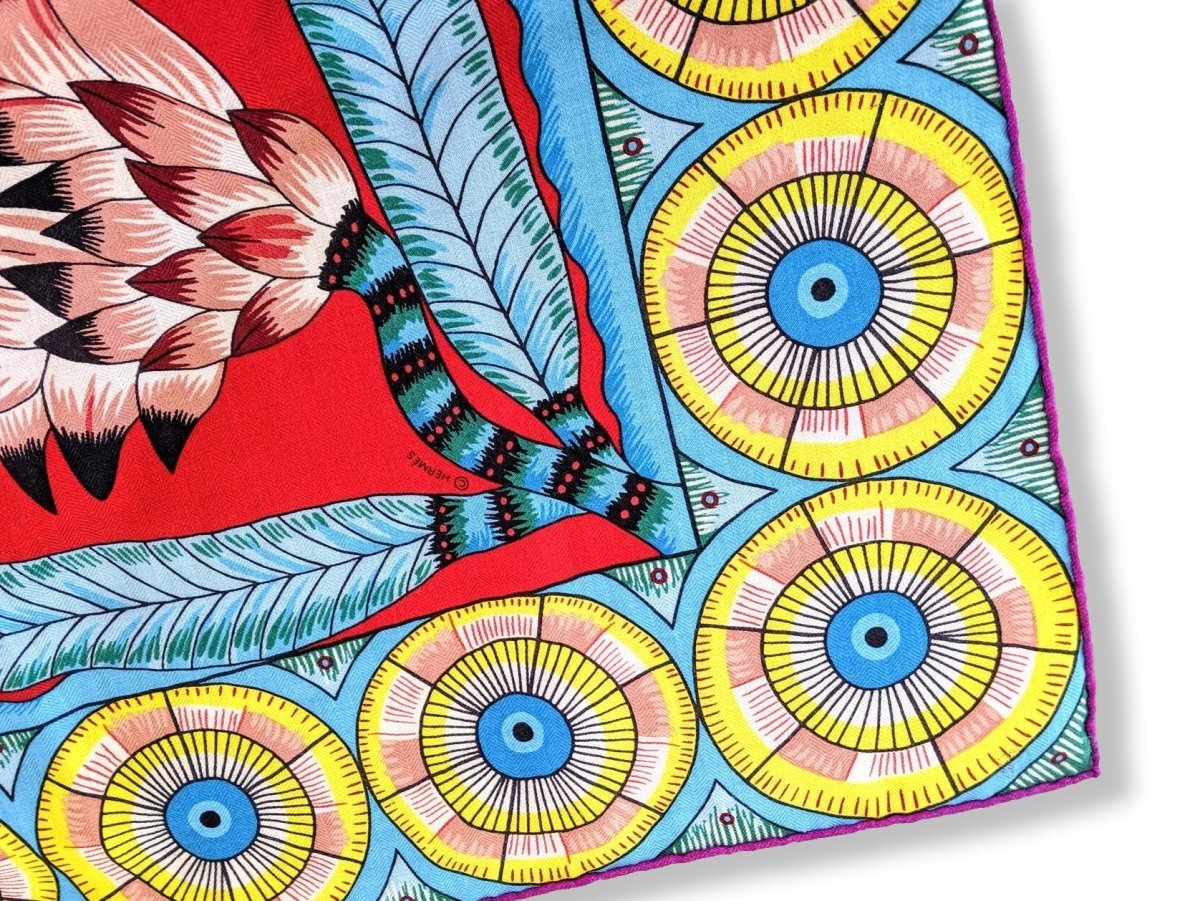 Hermes 2016 Rouge/Turquoise The Savana Dance Cashmere by Ardmore Artists Shawl 140, Mint!