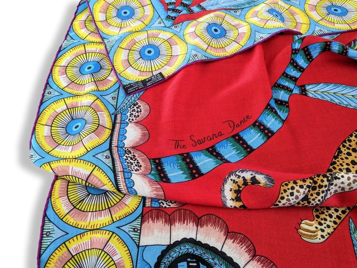 Hermes 2016 Rouge/Turquoise The Savana Dance Cashmere by Ardmore Artists Shawl 140, Mint!