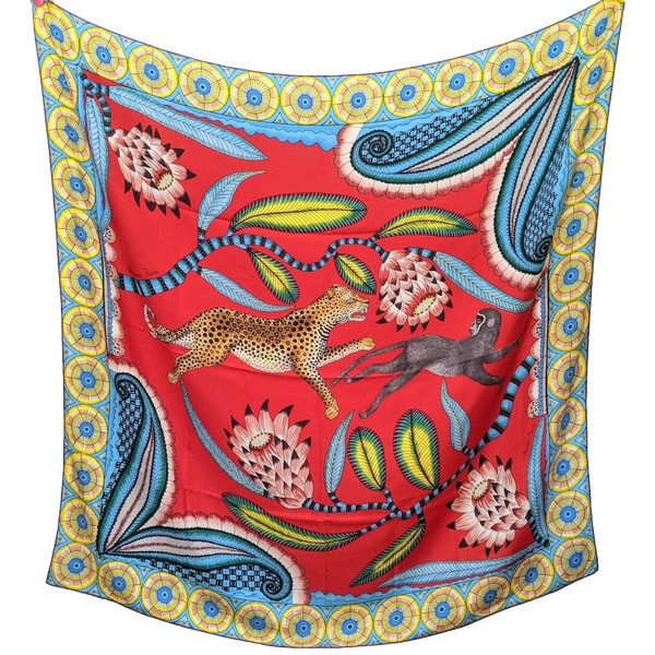 Hermes 2016 Rouge/Turquoise The Savana Dance Cashmere by Ardmore Artists Shawl 140