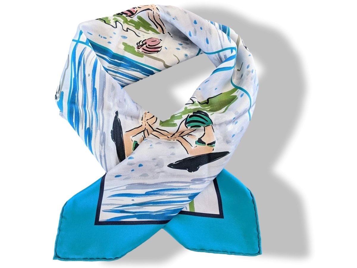 Hermes 2016 Turquoise BAIN DE MER by Jean-Louis Clerc Vintage Silk 70 cm