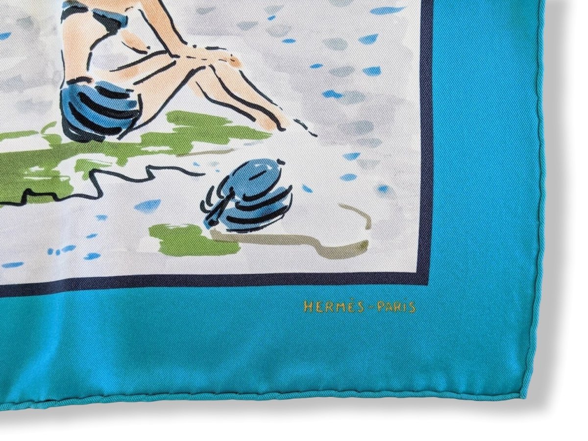 Hermes 2016 Turquoise BAIN DE MER by Jean-Louis Clerc Vintage Silk 70 cm