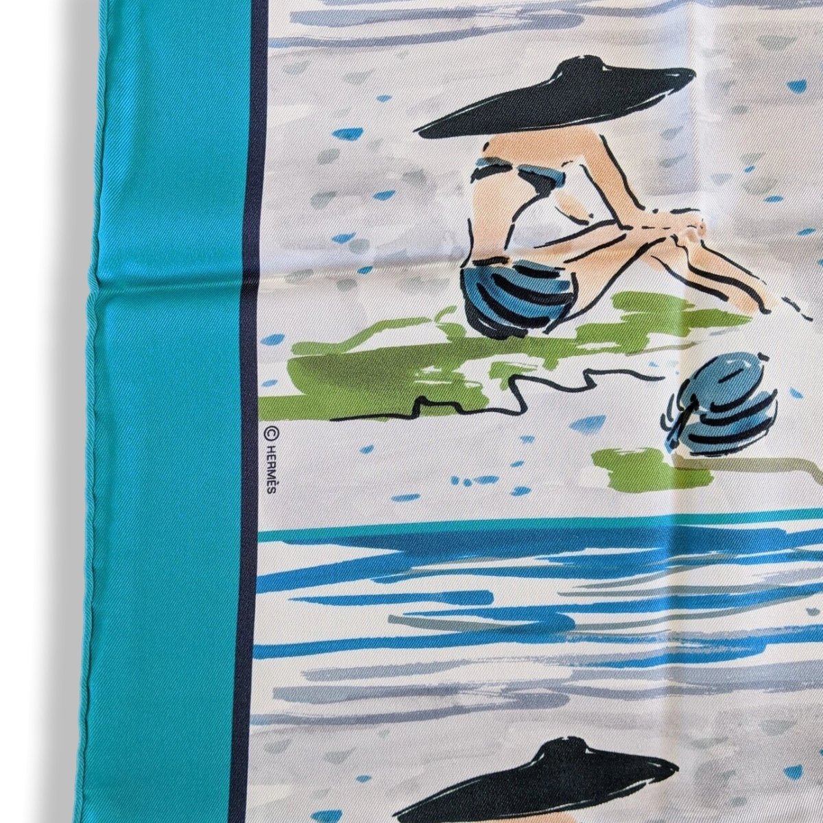 Hermes 2016 Turquoise BAIN DE MER by Jean-Louis Clerc Vintage Silk 70 cm