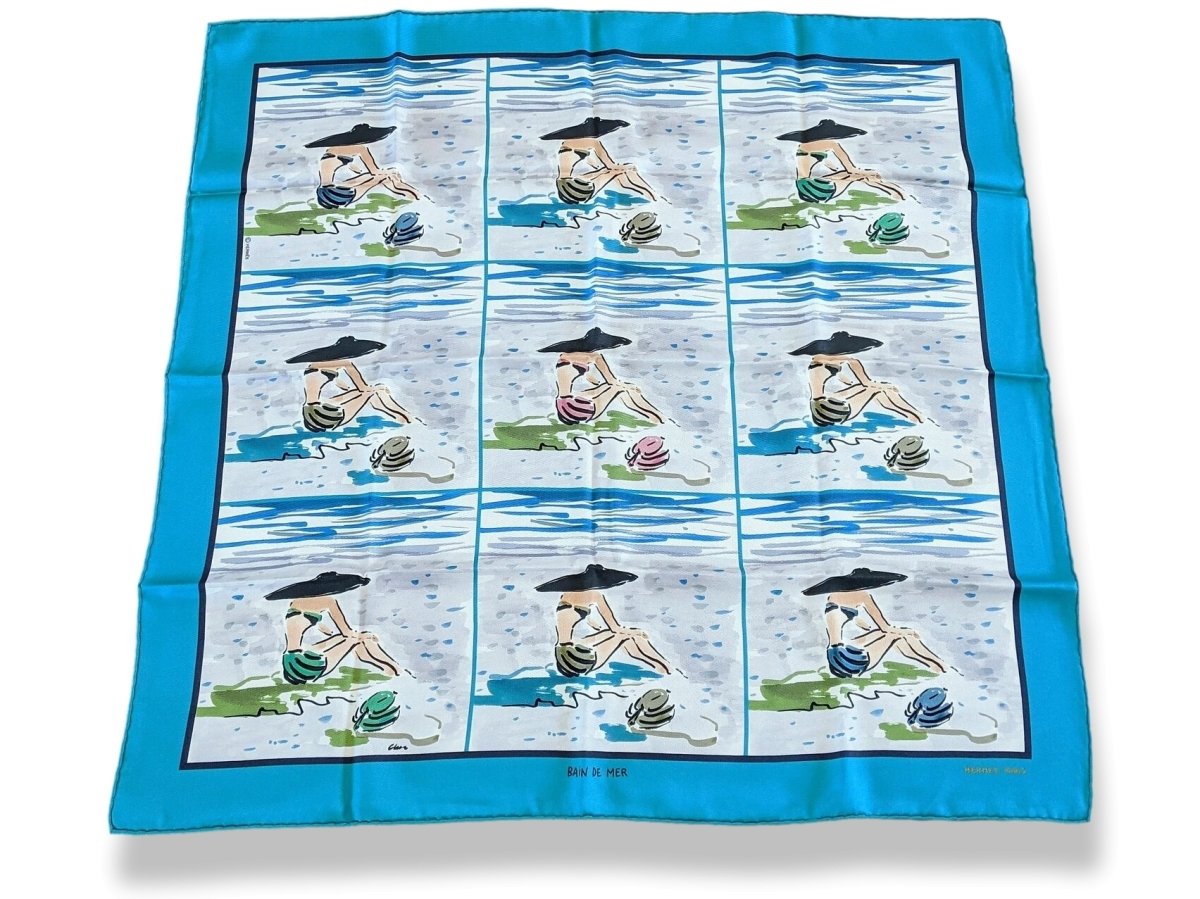 Hermes 2016 Turquoise BAIN DE MER by Jean-Louis Clerc Vintage Silk 70 cm