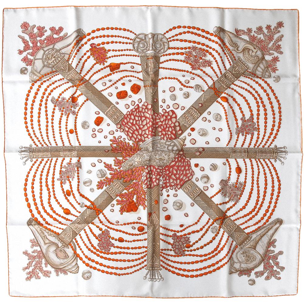 Hermes 2016 White Orange Red Chemins de Corail by Annie Faivre Twill Silk Carre 90cm, Box! - poupishop