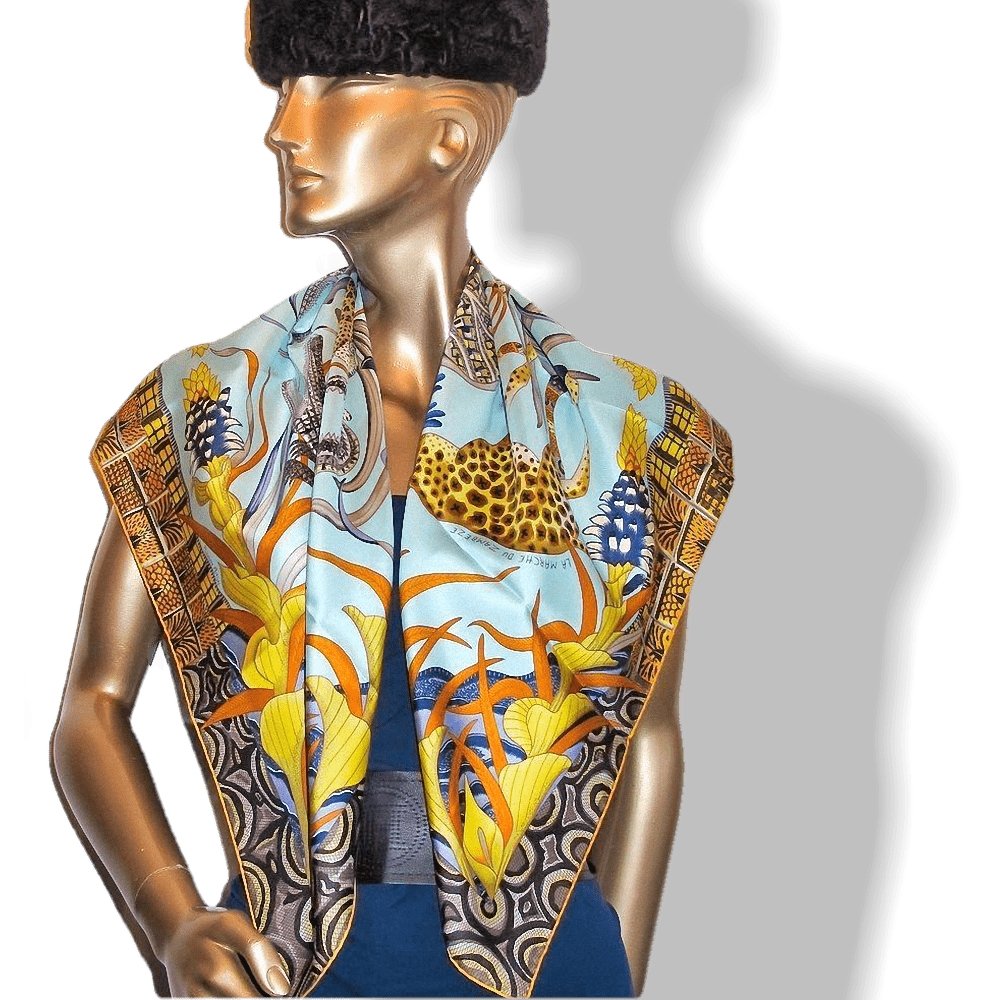 Hermes 2016 Yellow Baby Blue La Marche du Zambeze by Ardmore Artists Twill 90cm, Box! - poupishop