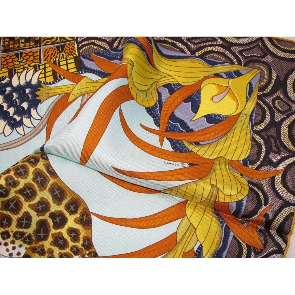 Hermes 2016 Yellow Baby Blue La Marche du Zambeze by Ardmore Artists Twill 90cm, Box! - poupishop