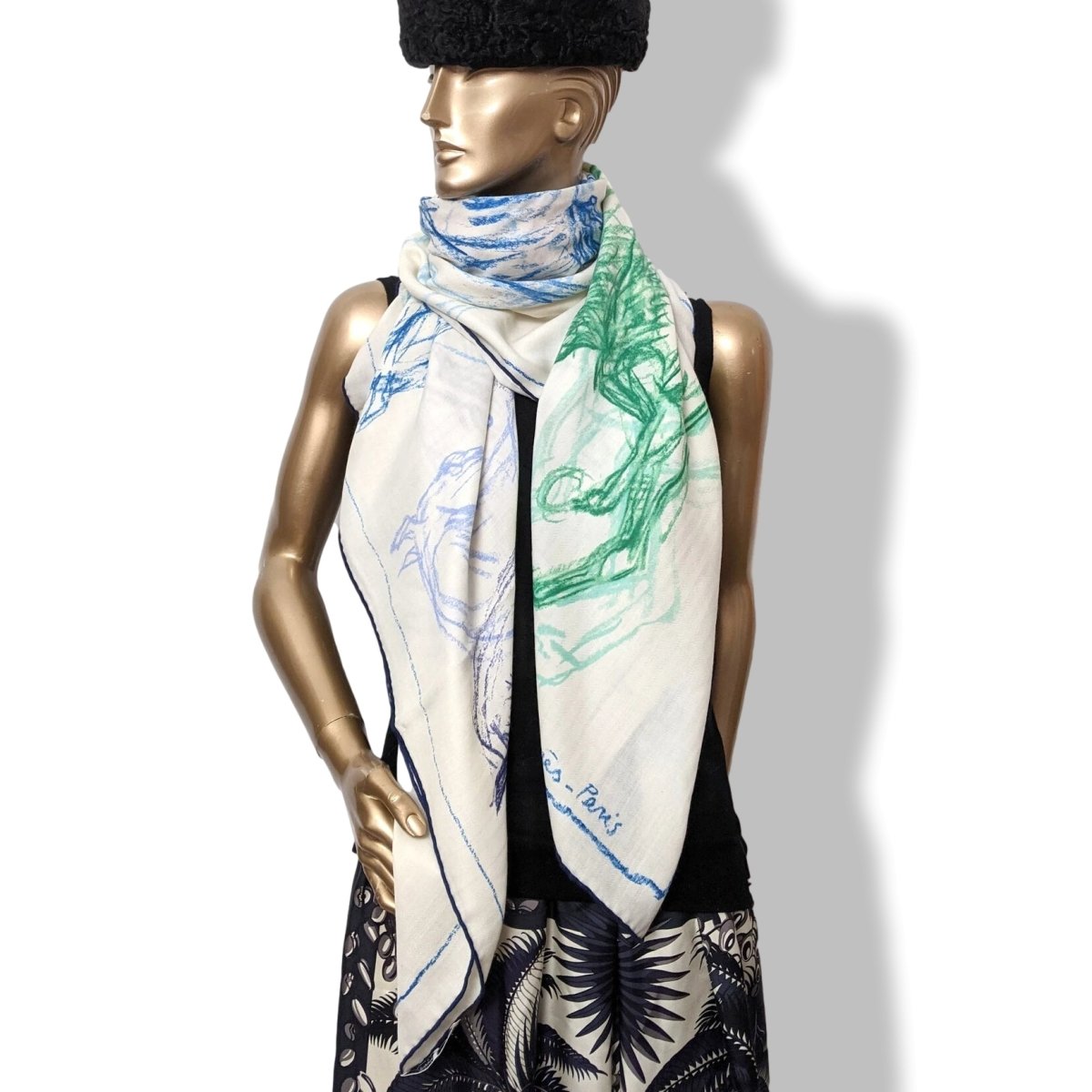 Hermes 2017 Blanc/Bleu/Vert PIROUETTES AU GALOP by Jean-Louis Sauvat Cashmere Shawl 140, New! - poupishop