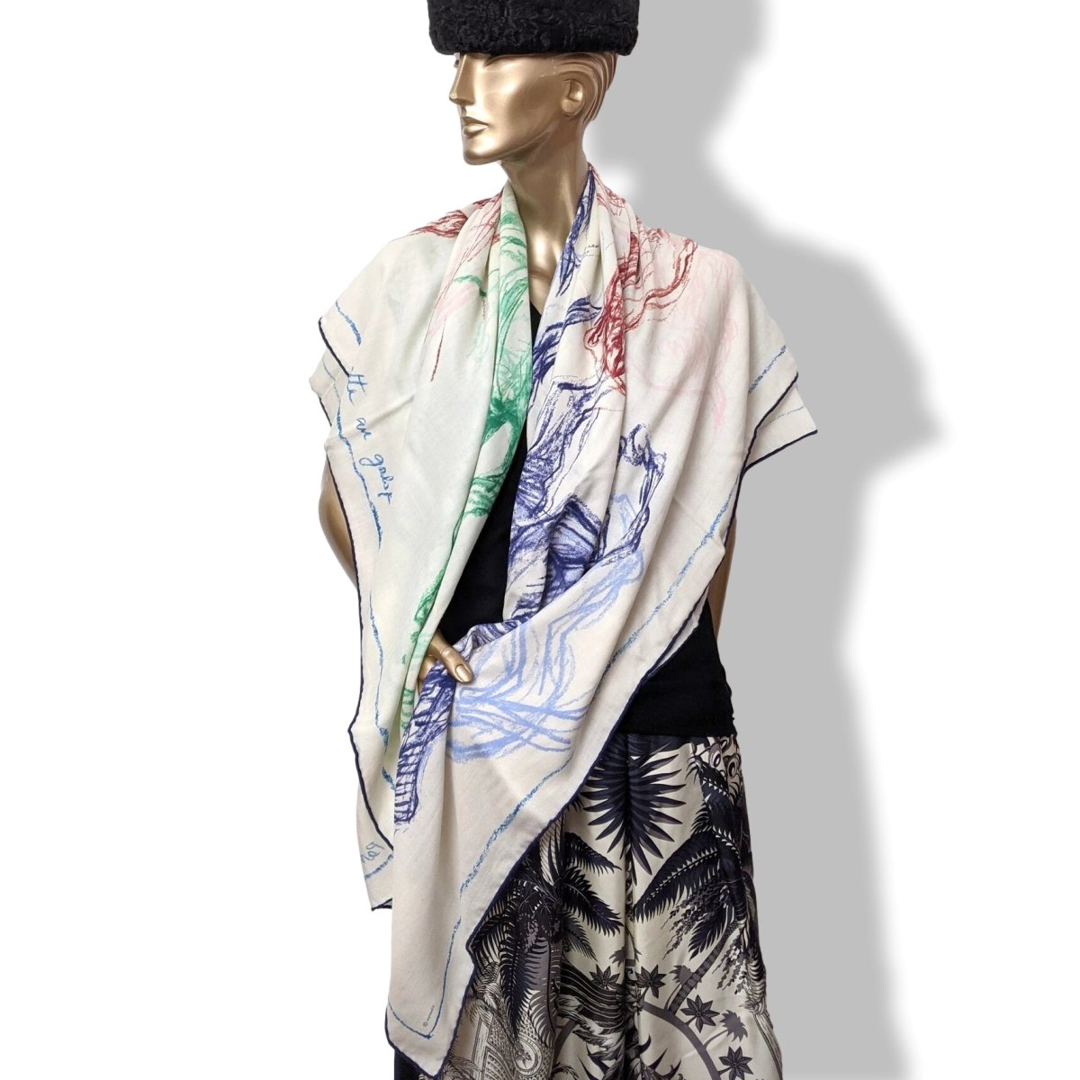 Hermes 2017 Blanc/Bleu/Vert PIROUETTES AU GALOP by Jean-Louis Sauvat Cashmere Shawl 140, New! - poupishop