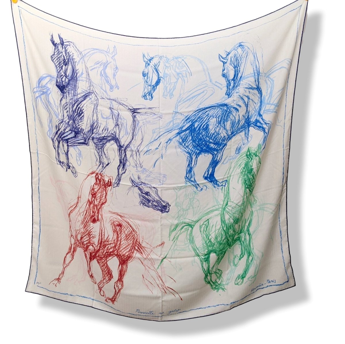 Hermes 2017 Blanc/Bleu/Vert PIROUETTES AU GALOP by Jean-Louis Sauvat Cashmere Shawl 140, New! - poupishop