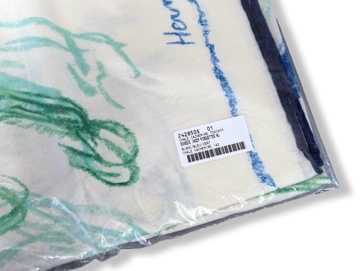 Hermes 2017 Blanc/Bleu/Vert PIROUETTES AU GALOP by Jean-Louis Sauvat Cashmere Shawl 140, New! - poupishop