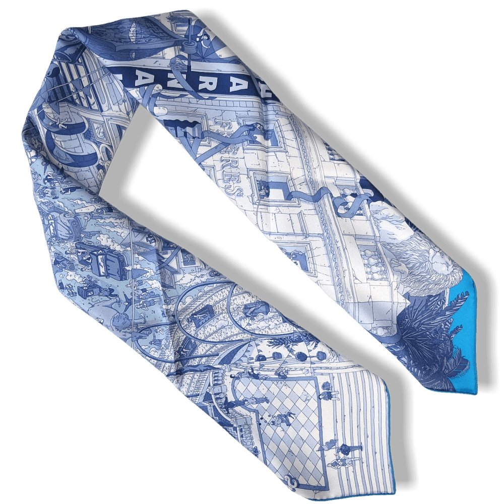 Hermes 2017 Bleu Azur/Bleu Jean/Blanc Grand Prix du Faubourg Twill 90cm by Ugo Gattoni, New! - poupishop