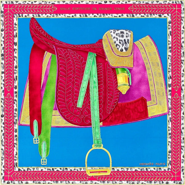 Hermes 2017 Cobat Fuchsia Yellow SELLE D'OFFICIER EN GRANDE TENUE by Wlodek Kaminski Twill Silk Carre 90cm cm, BNWTIB! - poupishop