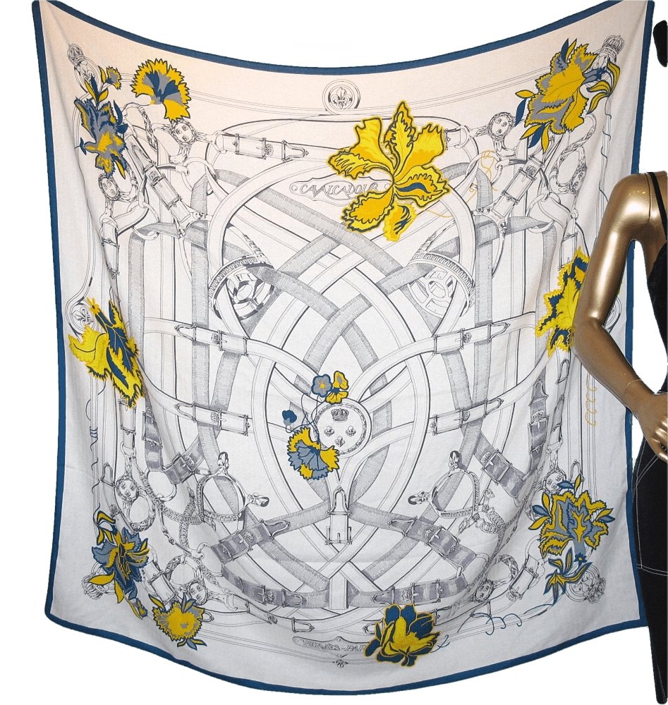 Hermes 2017 cw06 White Yellow Petrole Cavalcadour Fleuri Cashmere Shawl 140, NWT! - poupishop