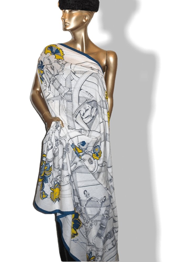 Hermes 2017 cw06 White Yellow Petrole Cavalcadour Fleuri Cashmere Shawl 140, NWT! - poupishop
