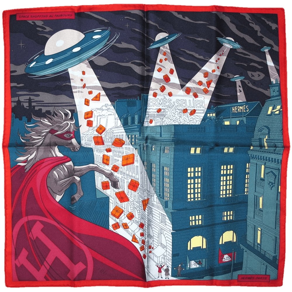 Hermes 2017 cw09 Red Blue Space Shopping au Faubourg Twill Gavroche 42cm, NWT! - poupishop