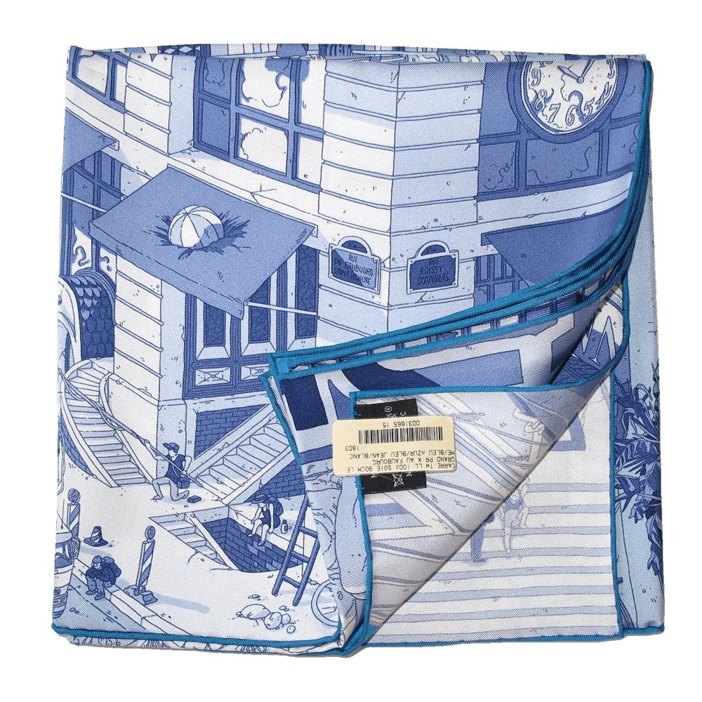 Hermes 2017 Cw15 Blue & White Grand Prix du Faubourg Twill 90cm by Ugo Gattoni, NIB! - poupishop