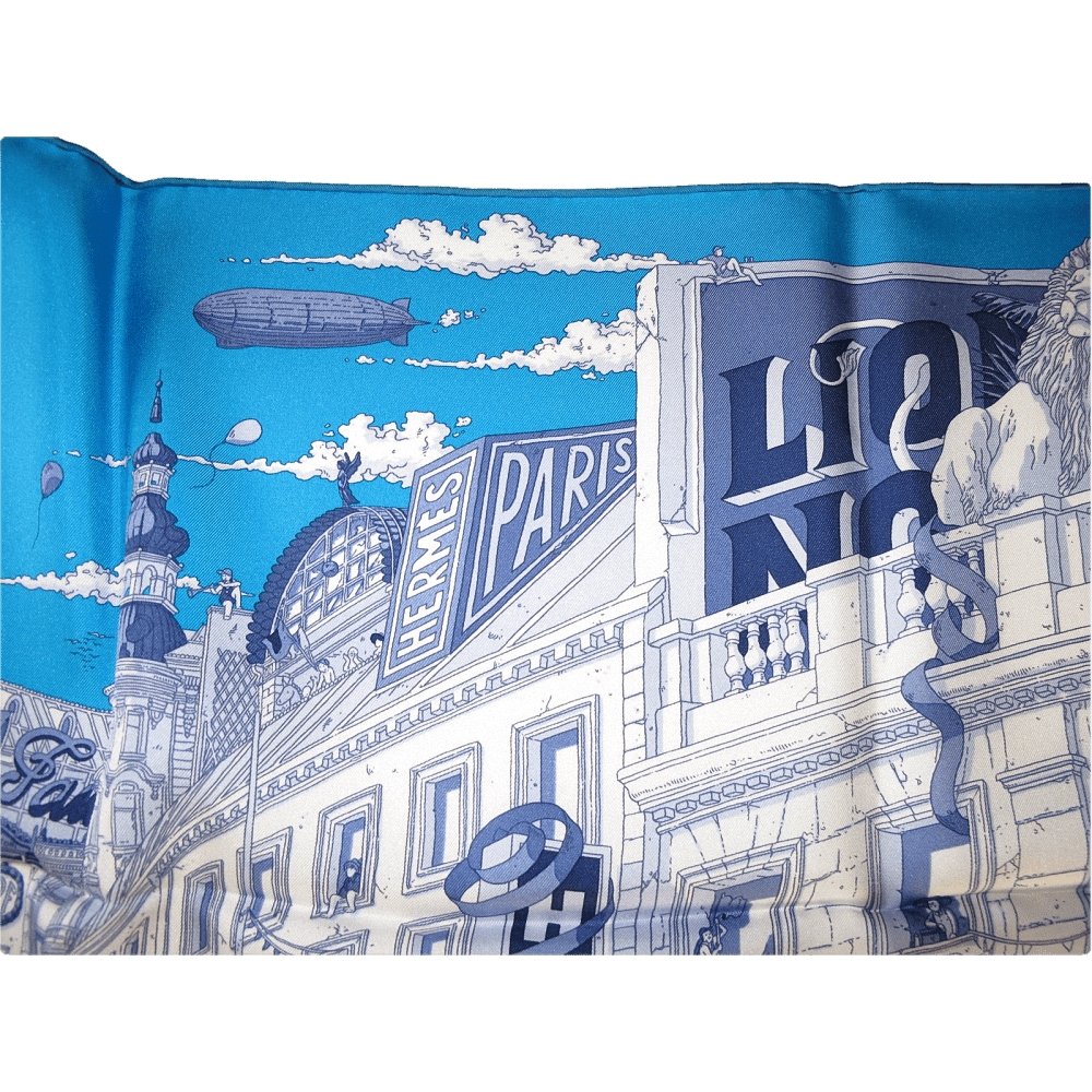 Hermes 2017 Cw15 Blue & White Grand Prix du Faubourg Twill 90cm by Ugo Gattoni, NIB! - poupishop