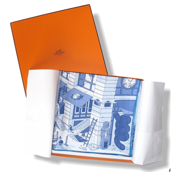 Hermes 2017 Cw15 Blue & White Grand Prix du Faubourg Twill 90cm by Ugo Gattoni, NIB! - poupishop